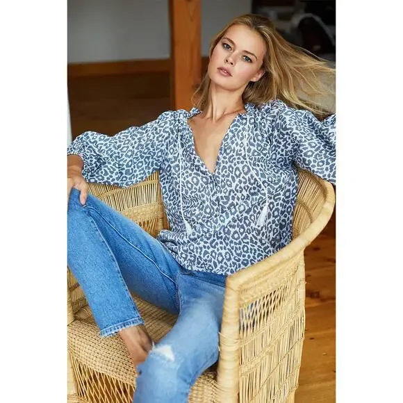 EMERSON FRY INDIA COLLECTION Bardot Top Charcoal Leopard Organic Blouse Sz Small - Picture 11 of 11